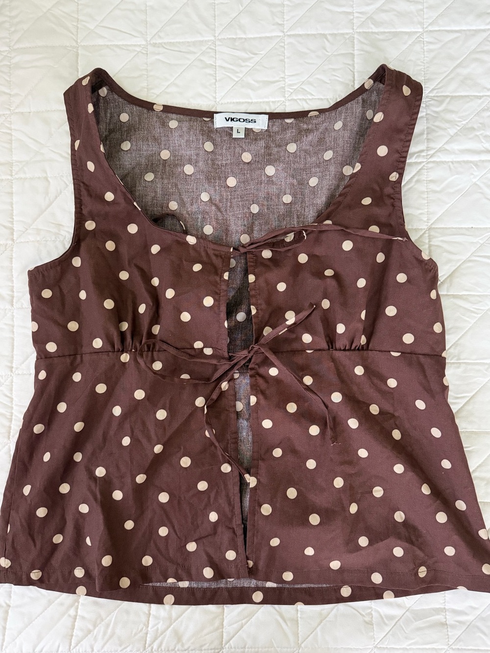 Cute Vigoss Polka Dot Brown and Tan Top Size Large Tie Front Detail